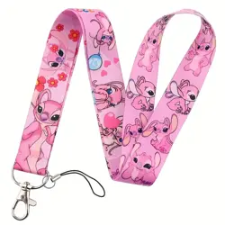 Šňůrka na krk s karabinou a potiskem Stitch  pink