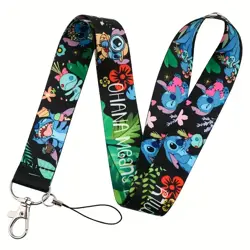 Šňůrka na krk s karabinou a potiskem Stitch black