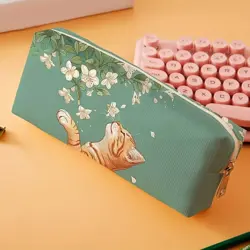 Penál s motivem kočky a květin – zelený