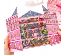 Kreativní antistresové vylepovačky – skládací rumbox Pink Mansion, 1 velká scéna + 3 archy PET samolepek