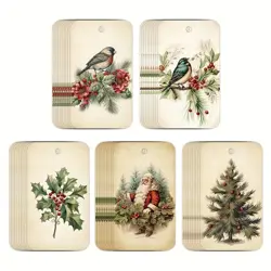 Vintage Farmhouse vánoční dárkové štítky – Santa, cesmína a ptáčci (5 ks)