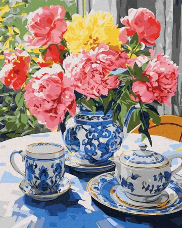 Malování podle čísel 40×50 cm – kreativní sada pro dospělé i děti  Čajový dýchánek na verandě 