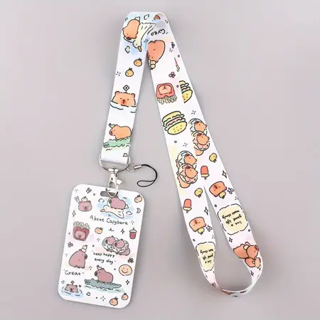 Šňůrka na krk s karabinou a poutkem, pouzdro na kartu kapybary 