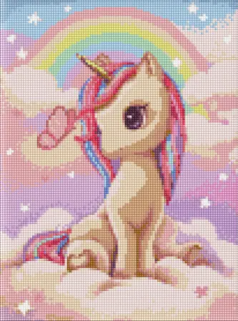 Diamantová mozaika 30×40 cm – kreativní sada s kamínky   Zvědavý jednorožec s holografickými kamínky