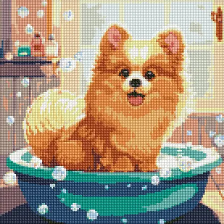 Diamantová mozaika 40×40 cm – kreativní sada s třpytivými kamínky  chlupatý pes s holografickými kamínky