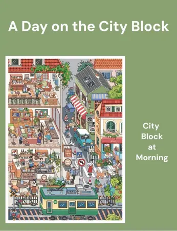 Kreativní antistresové vylepovačky – rumbox City Block Morning, 1 scéna + 2 archy PET samolepek (20 × 30 cm)