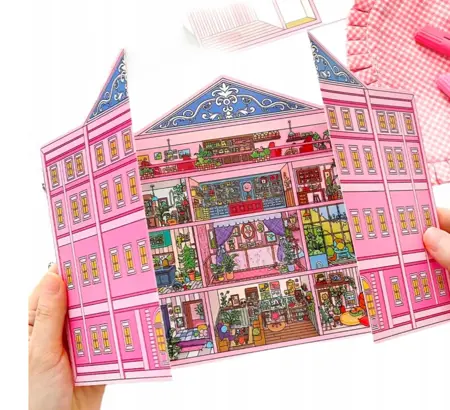 Kreativní antistresové vylepovačky – skládací rumbox Pink Mansion, 1 velká scéna + 3 archy PET samolepek