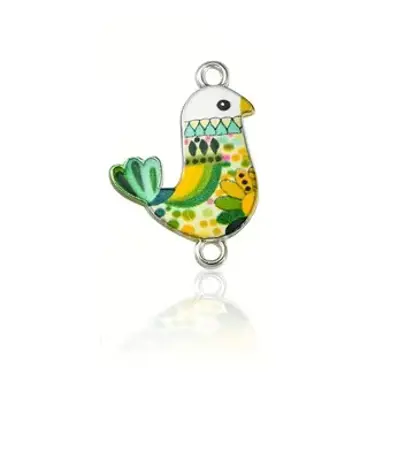 Smaltovaný přívěsek ptáček – barevný, 1 ks (23,7 × 16,8 mm)  zelená
