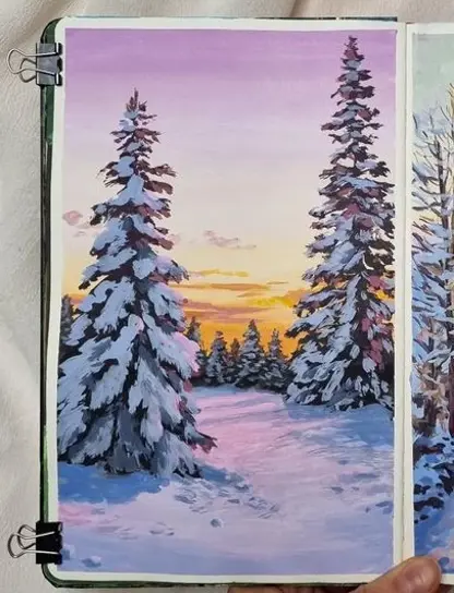 Kurz malby kvašem: Zimní les při západu slunce